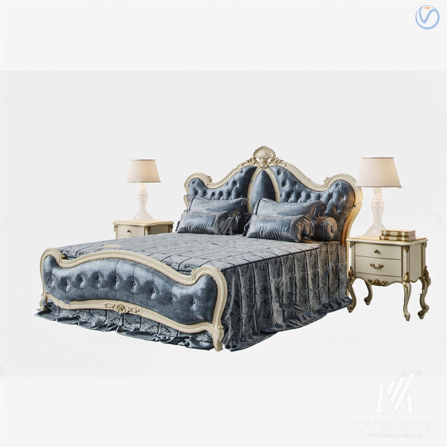 European style carved double bed combination 3d model